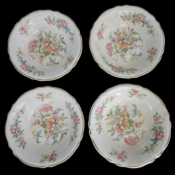 Set of 4 Vintage Edwin M. Knowles Semi-Vitreous 5.5" Bowls Floral Gold Trim USA - Picture 5 of 6
